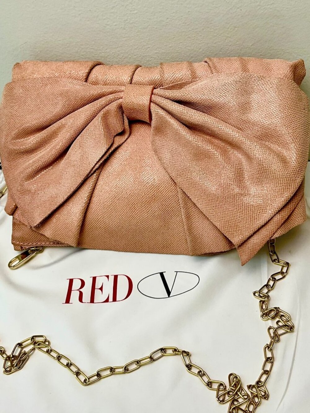RED Valentino Oversized Bow Clutch Blush Pink Textured Leather Chain Strap
